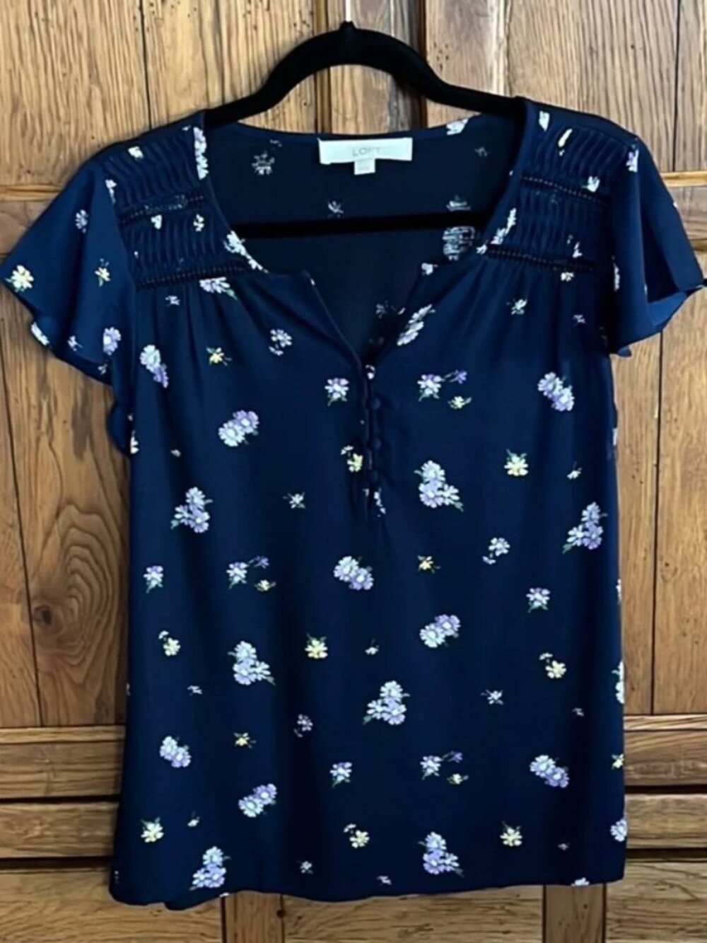 LOFT Blue and White Fitted Cap Sleeve Blouse